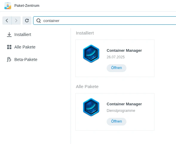 Synology DS Paketzentrum mit Suche nach Container Manager