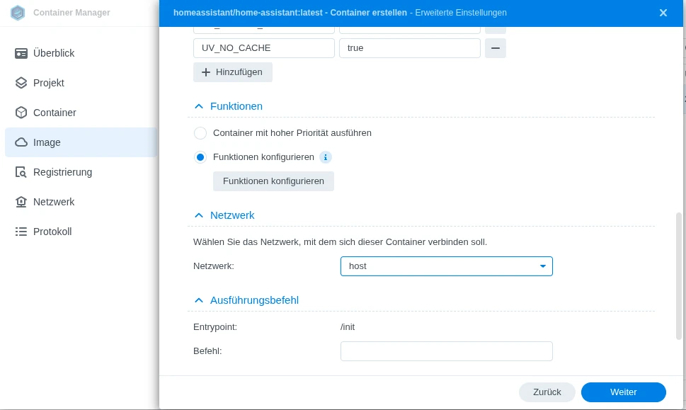 Konfigurationseinstellungen für Homeassistant Image