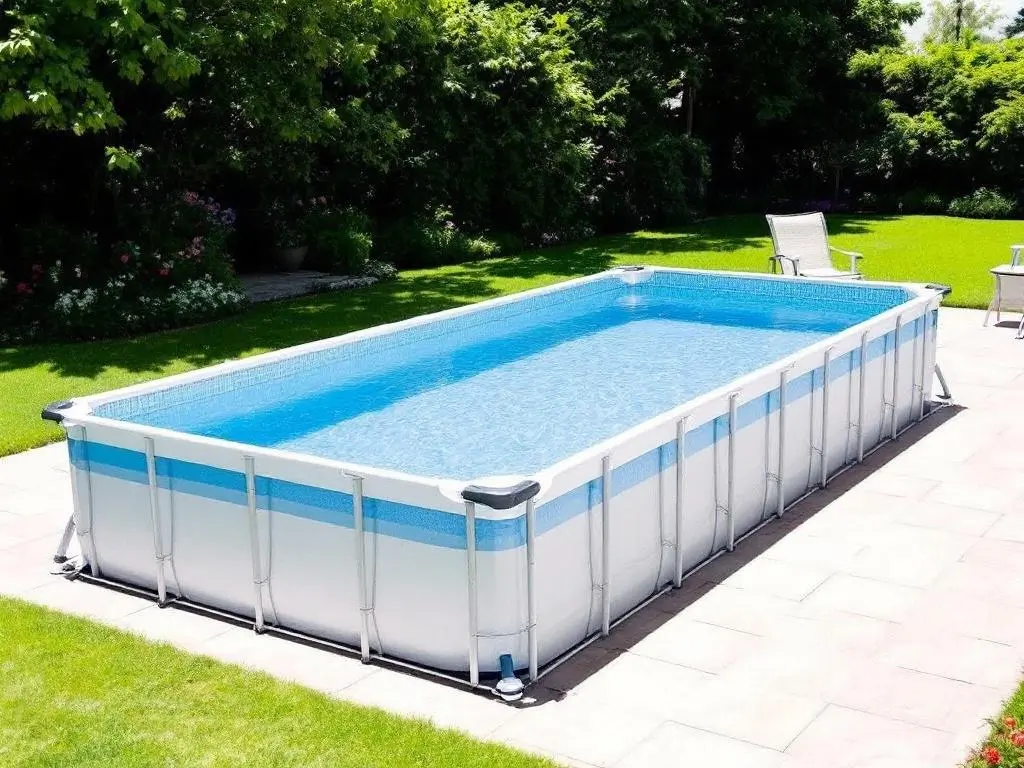 Rechteckiger Stahlrahmenpool in einem sonnigen Garten mit Liegestühlen und gepflegtem Rasen