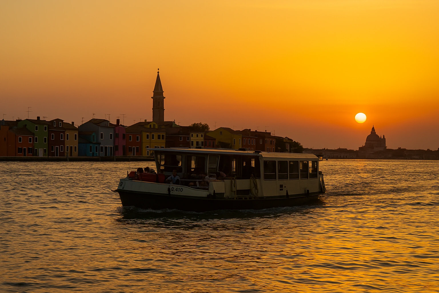 Vaporetto in der Lagune von Venedig bei Sonnenuntergang, bunte Häuser von Burano und San Giorgio Maggiore im Hintergrund