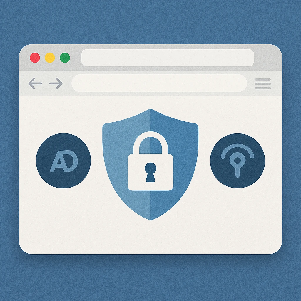 Illustration eines Browserfensters mit einem blauen Schutzschild und Schloss-Symbol in der Mitte, daneben Symbole für Werbeblocker und Tracking-Schutz, auf blauem Hintergrund.