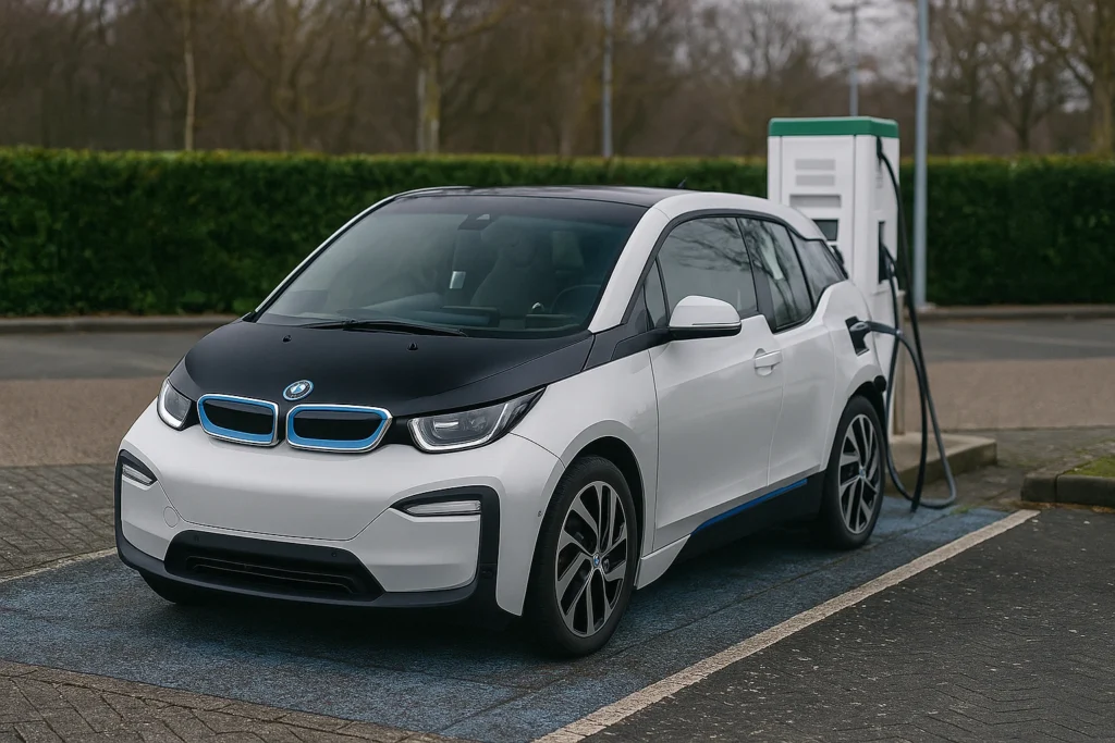 BMW i3 Elektroauto lädt an öffentlicher Ladesäule in der Stadt
